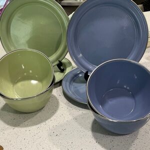 Pottery Barn VTG Tin Enamel Blue and Green Silver Rims 8 pc  Set Plates /Bowls